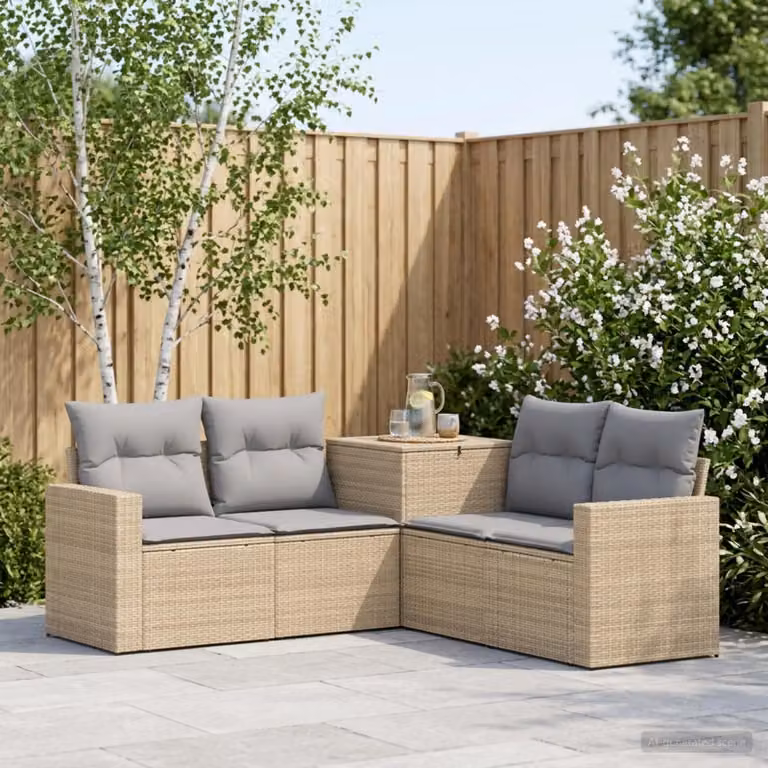 Set di divani da giardino vidaXL in polyrattan con forma a L, beige e grigio chiaro, composto da 5 pezzi con cuscini inclusi e coperture rimovibili