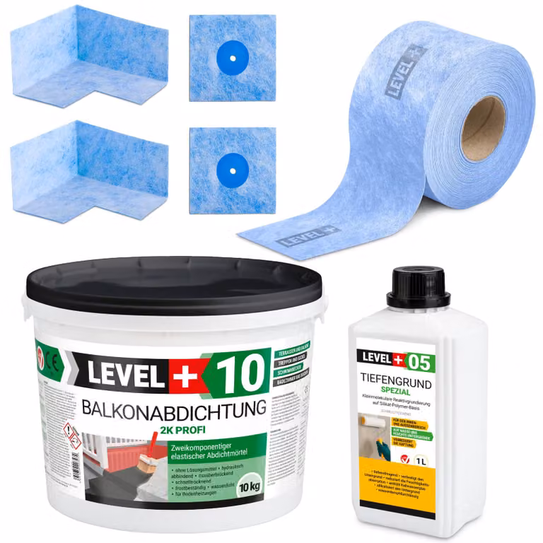 Set per impermeabilizzazione Malta impermeabilizzante bicomponente 10 kg Primer 1 l Nastro B04 10 m Manicotti, angoli Livella a bolla + SET26