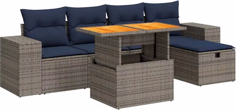 Set Divano da Giardino 6 pz con Cuscini Nero Polyrattan Acacia