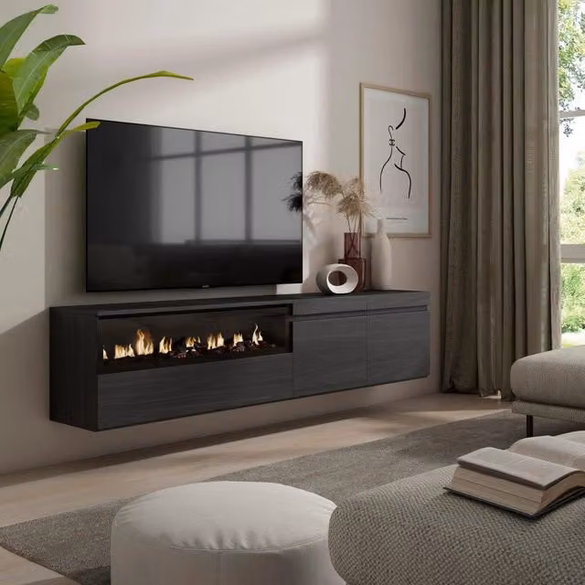 Mobile TV, 200x35x45cm, soggiorno, Per TV fino a 80", Camino elettrico, da appendere, Nero RF2183