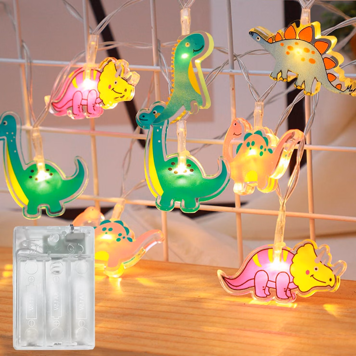 Catena luminosa a tema dinosauri, lunghezza 1,5 metri, 10 LED, con timer, alimentata a batteria, grado di protezione IP44