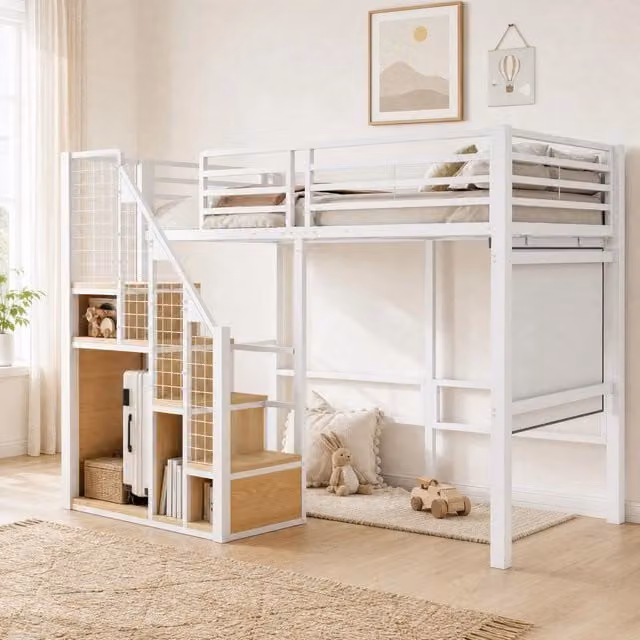 Letto a soppalco ULEVR 90x200 cm in metallo bianco con scala, barriera di sicurezza e vano appendiabiti