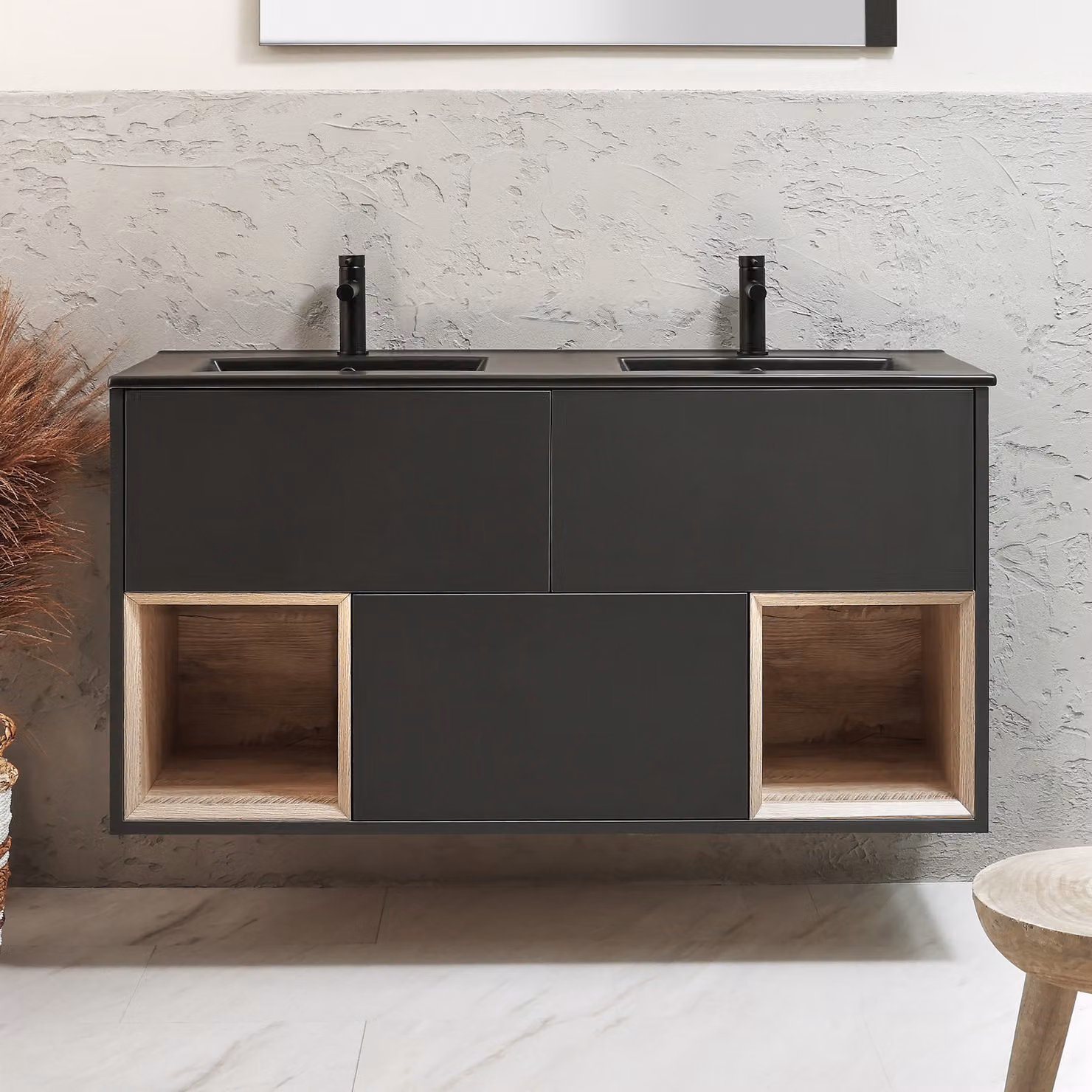 Mobile Bagno Sospeso con Ripiano Aperto in Grigio Nero da 1212mm con Lavabo Color Grafite e Luci LED - Hoxton
