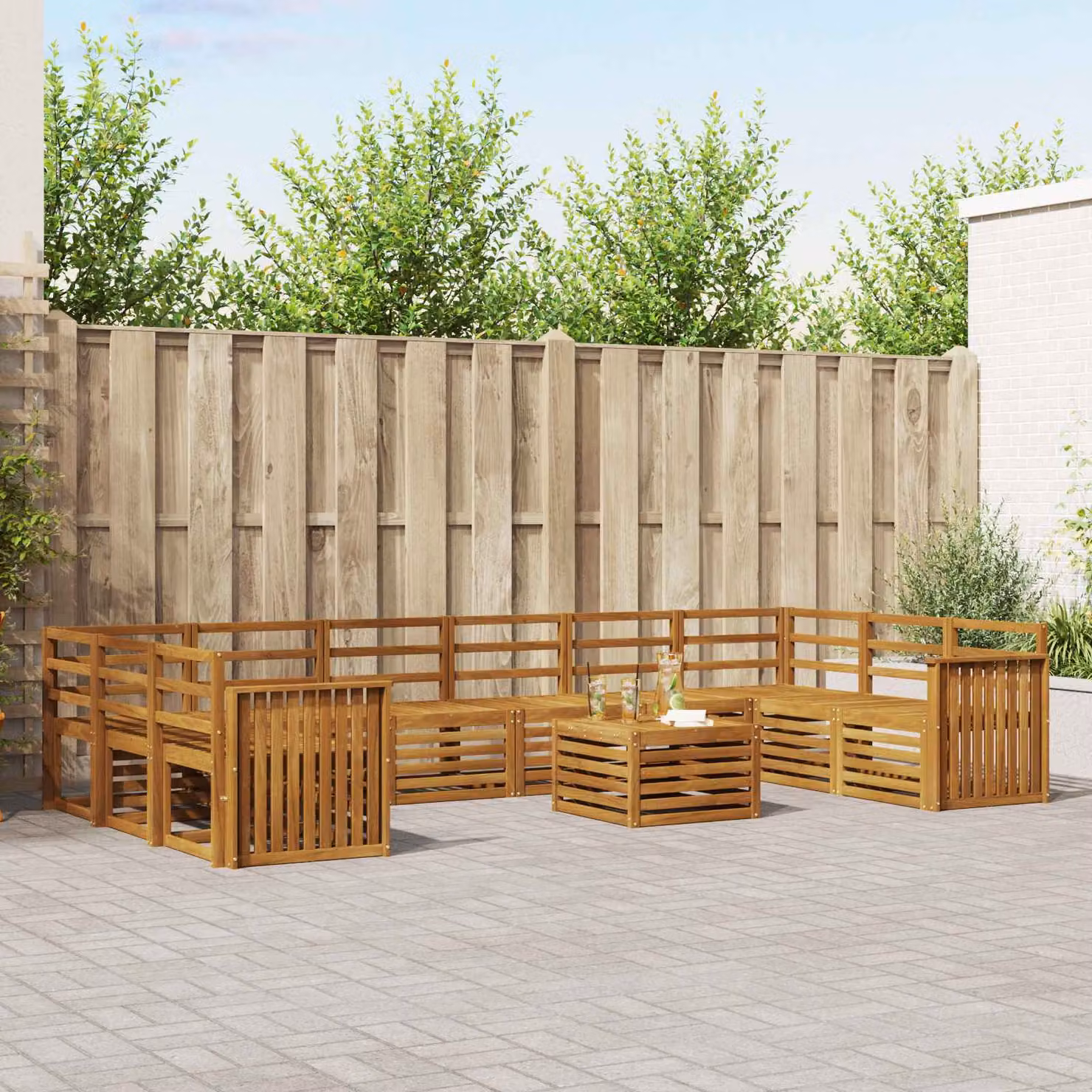 Set di divani da esterno vidaXL 11 pz in legno di acacia marrone con cuscini e tavolino da caffè a forma di L