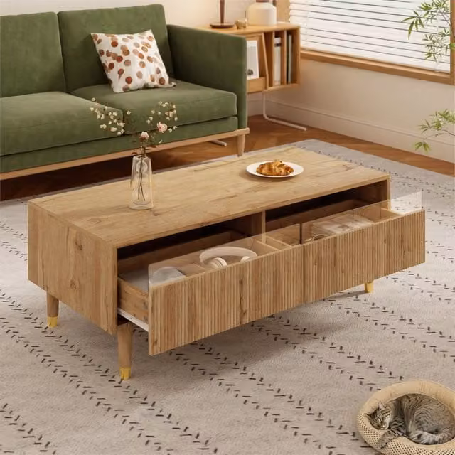 Tavolino basso fisso con 2 cassetti LED controllati tramite app gambe in legno color legno 110 × 50 × 40 cm