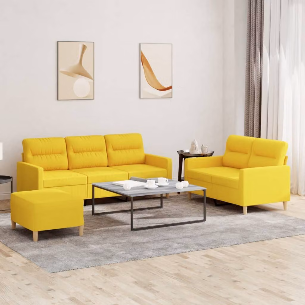 Set di Divani vidaXL 3 Pezzi con Pouf e Cuscini in Tessuto Giallo Moderno per Soggiorno – 1