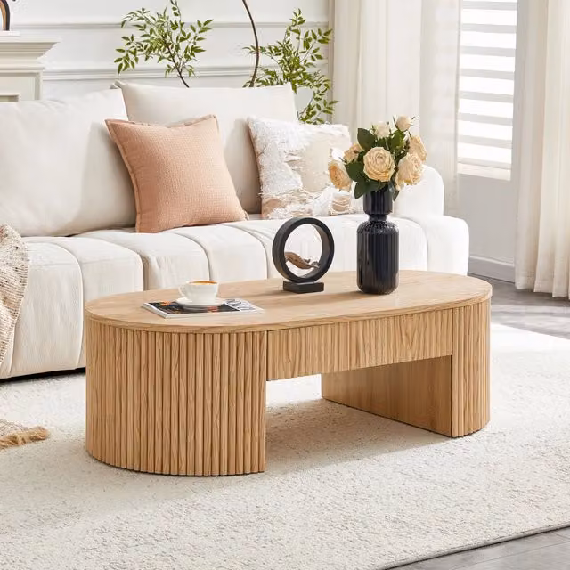 Tavolino basso fisso ovale con cassetto estraibile in MDF effetto rovere chiaro con lati scanalati