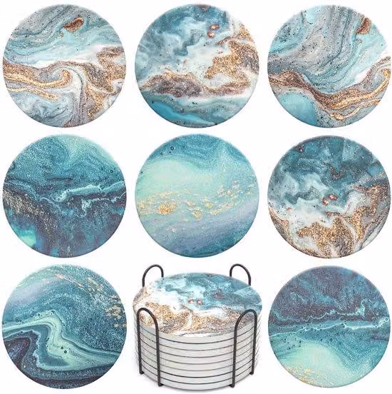 Set di 8 sottobicchieri in vetro e marmo, sottobicchieri assorbenti con base in corteccia e supporto, sottobicchieri per bevande adatti a bar, caffetterie, uso domestico, feste e uffici