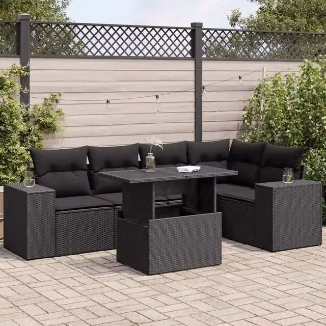 Set Divano da Giardino 6 pz con Cuscini Nero in Polyrattan 3326796