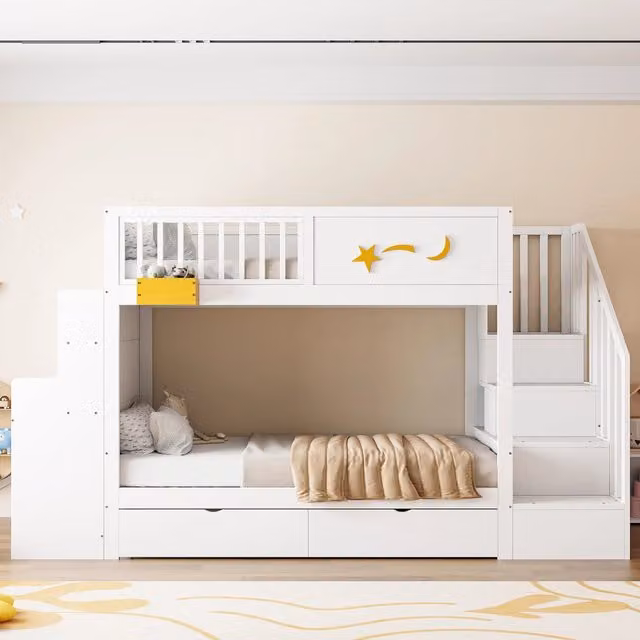 Letto a castello WISHDOR per bambini in legno di pino e MDF con scrivania, scala con contenitore e cassetti, bianco e giallo, L/P/H: 200 x 90 x 166 cm