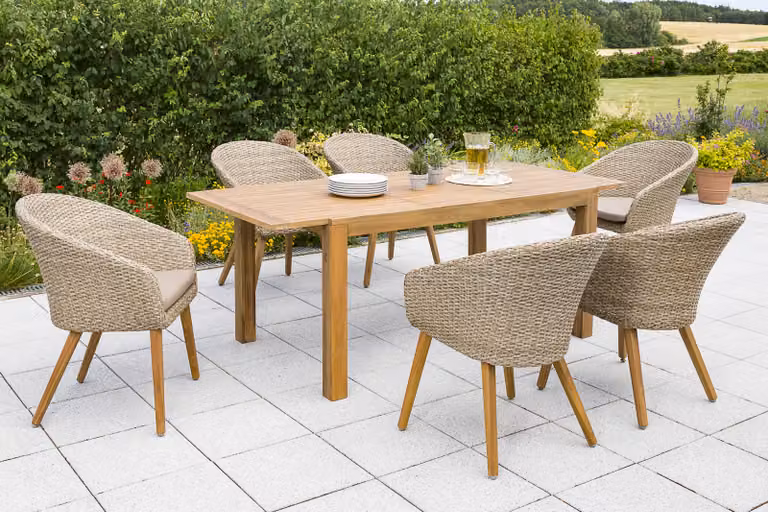 Set di mobili da giardino Merxx "Arrone" 7 pezzi - Struttura in alluminio con intreccio in plastica color canna/naturale e acacia, cuscini inclusi - 50436-255