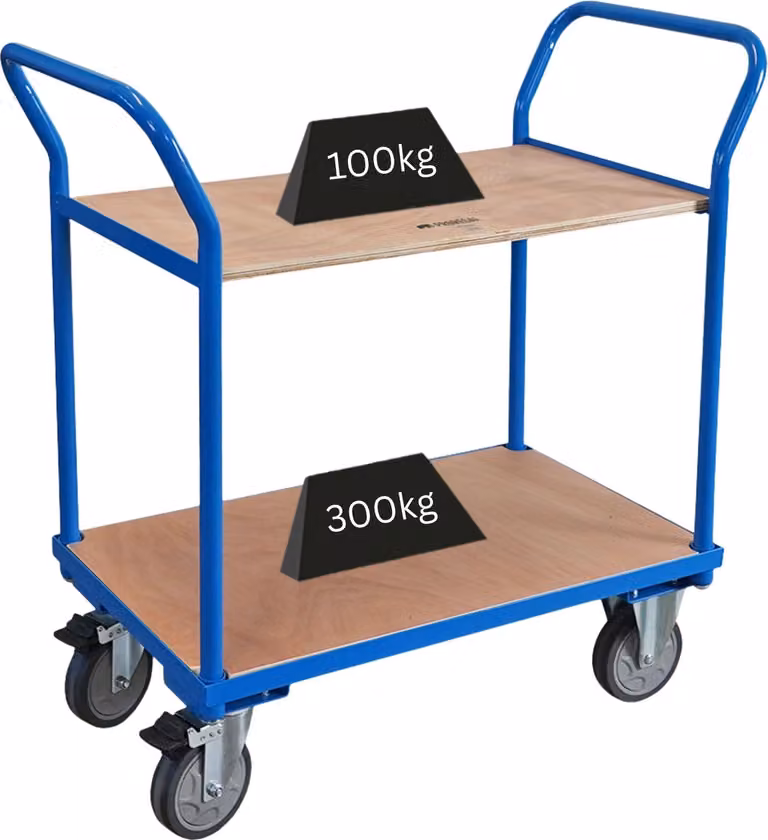 Carrello da tavolo professionale a 2 ripiani con 2 maniglie di trascinamento | A x L x P 102 x 100 x 50 cm | Portata 400 kg | Ruote in gomma piena, 2 ruote piroettanti con freno di stazionamento e 2 ruote fisse | Azzurro | Carrello di trasporto, carrello