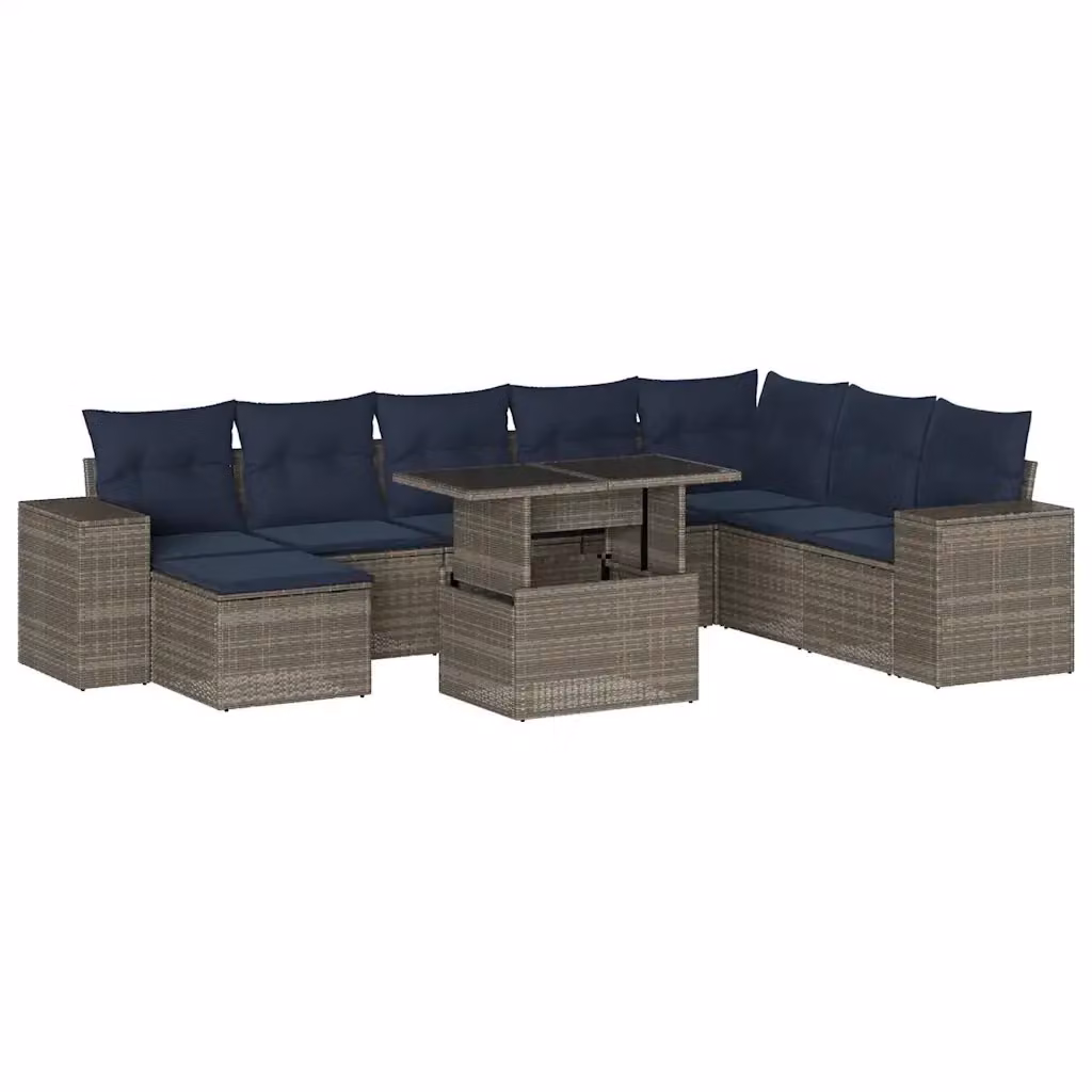 Set di divani da giardino vidaXL in polyrattan e metallo con 9 pezzi e cuscini grigi e blu per esterni – 2