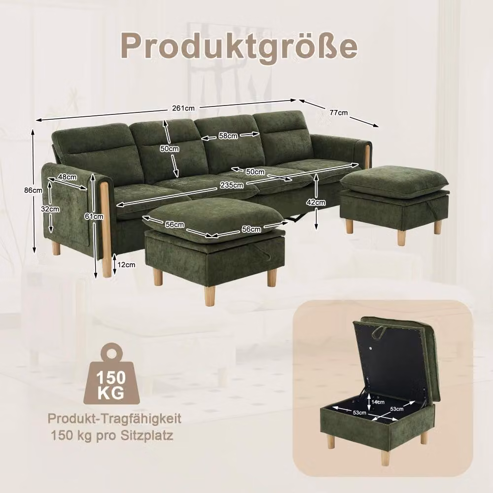Divano modulare a forma di "U" - 4 posti - Rivestimento in chenille - 2 poggiapiedi con spazio contenitivo - Struttura in legno - Stile moderno - Verde