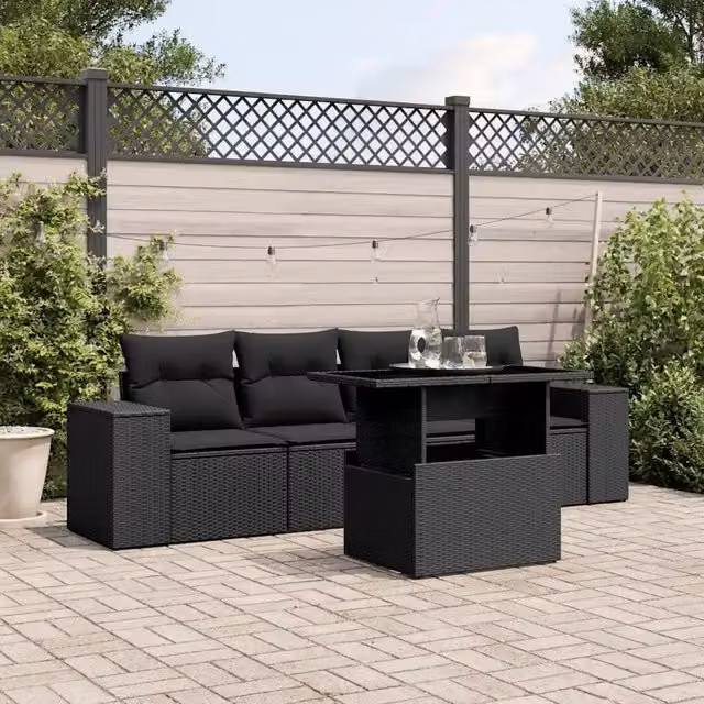 Set di divani da giardino 5 pezzi vidaXL in polyrattan nero con cuscini e struttura in metallo – 1