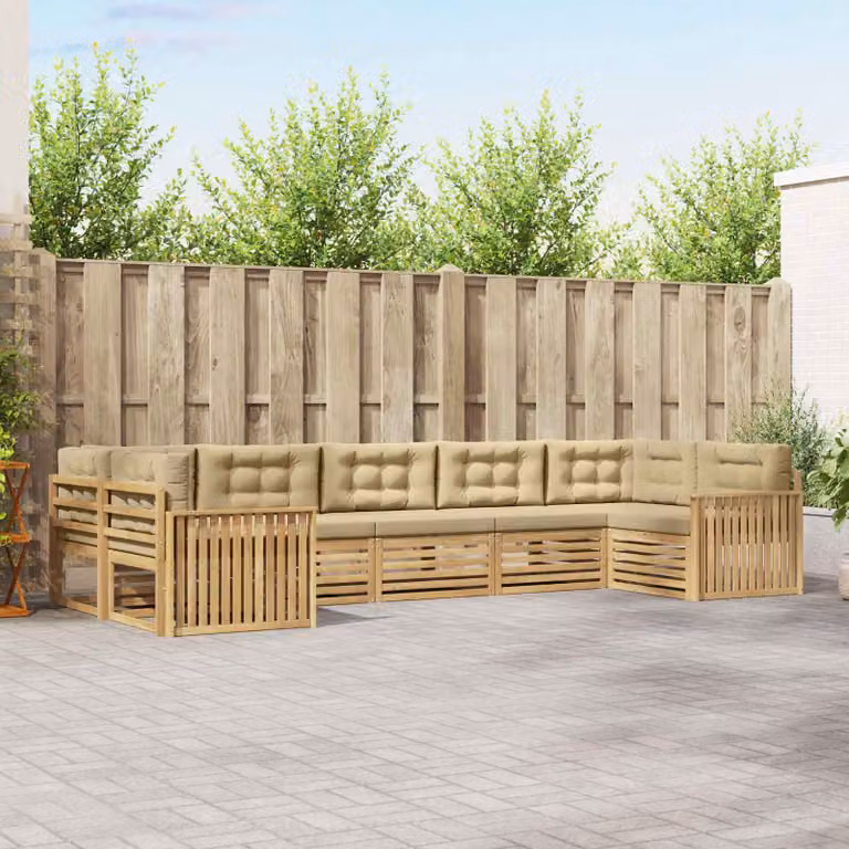 vidaXL Set di divani da esterno a forma di U composto da 7 pezzi in legno di acacia, Bianco e Beige