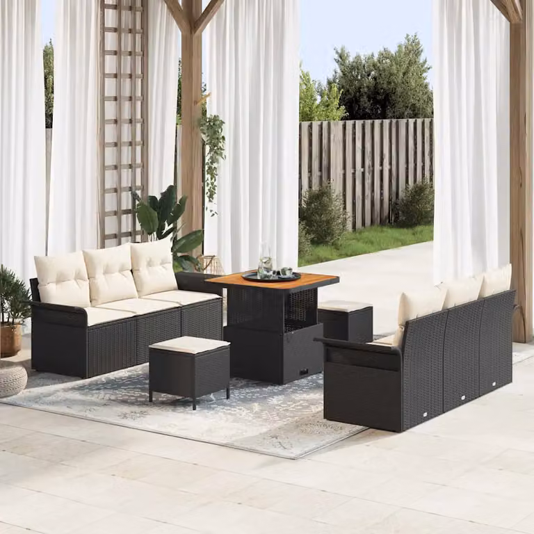vidaXL Set Divano da Giardino Moderno a Forma di U con 9 Pezzi, Nero e Beige