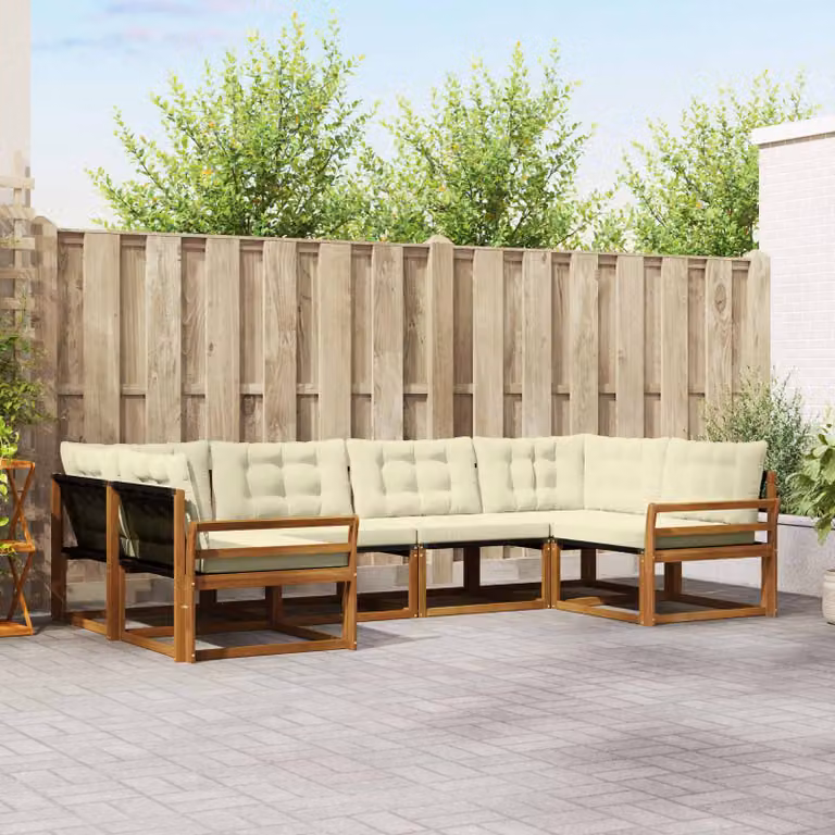 Set di divani da esterno vidaXL 6 pz in legno di acacia e textilene, colore marrone e beige, design moderno a L con cuscini inclusi