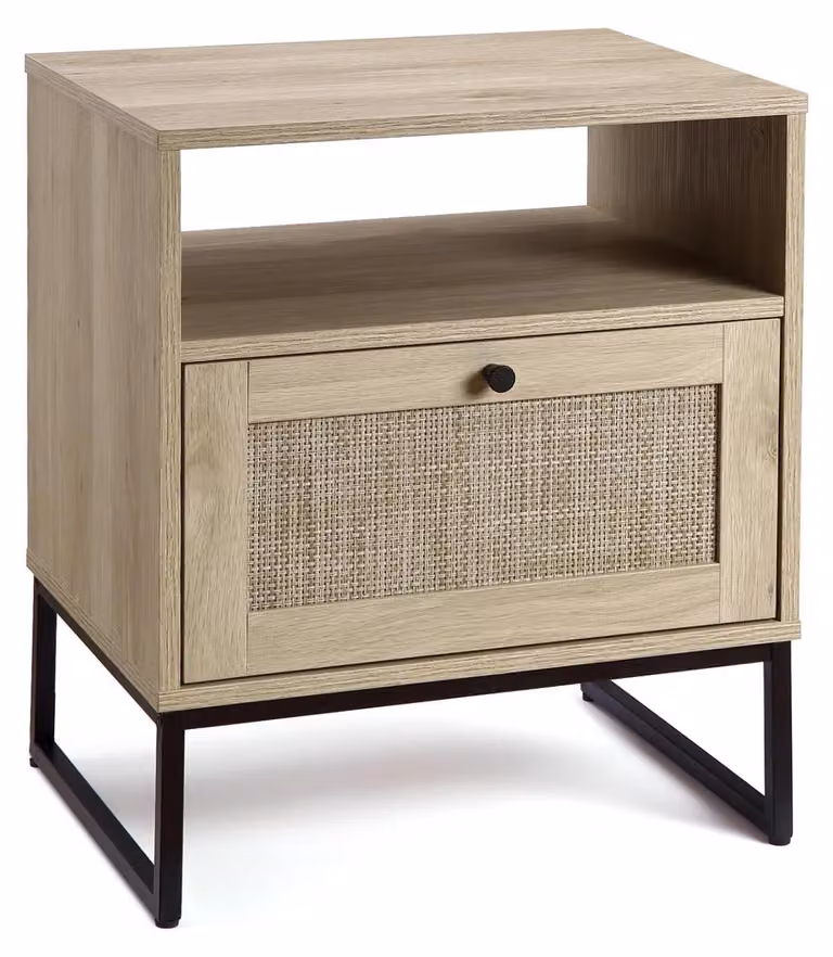 Tavolino da notte in rattan - Tavolino laterale in legno con cassetto e ripiano aperto - Solido tavolino da notte per camera da letto e soggiorno - Legno di quercia naturale