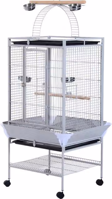 EasyComfort Voliera per Uccelli con Ruote, Vaschette in Acciaio e Trespoli in Legno, Argento, Altezza: 161.5 cm – 1
