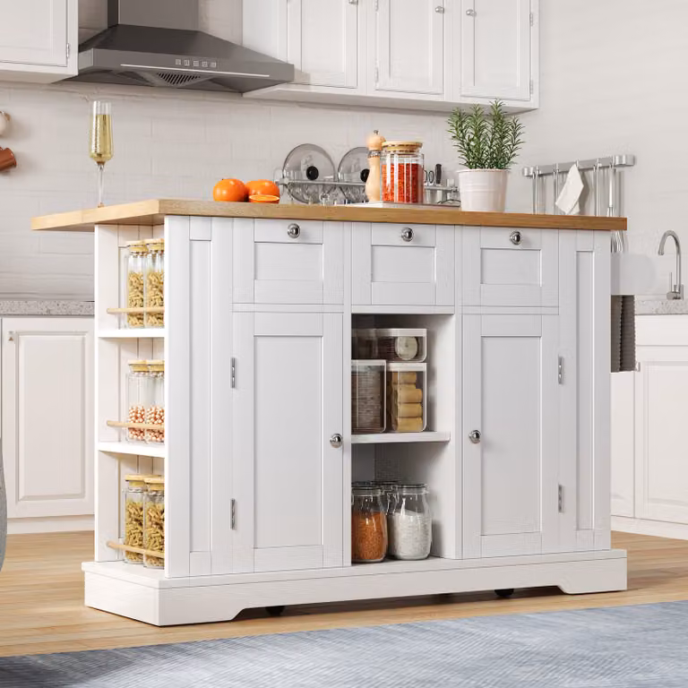 MODFU Comò, credenza, mobile ausiliario, buffet, tavolo da cucina mobile, piano di lavoro ribaltabile, con 3 cassetti e 2 ante, bianco+naturale