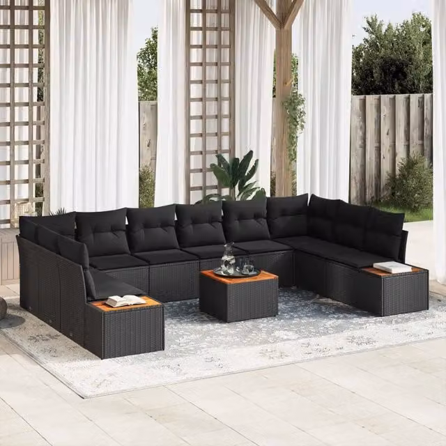 Set Divano da Giardino a Forma di U con Tavolino vidaXL, 10 Posti, Colore Nero con Cuscini Inclusi e Struttura in Metallo e Polyrattan