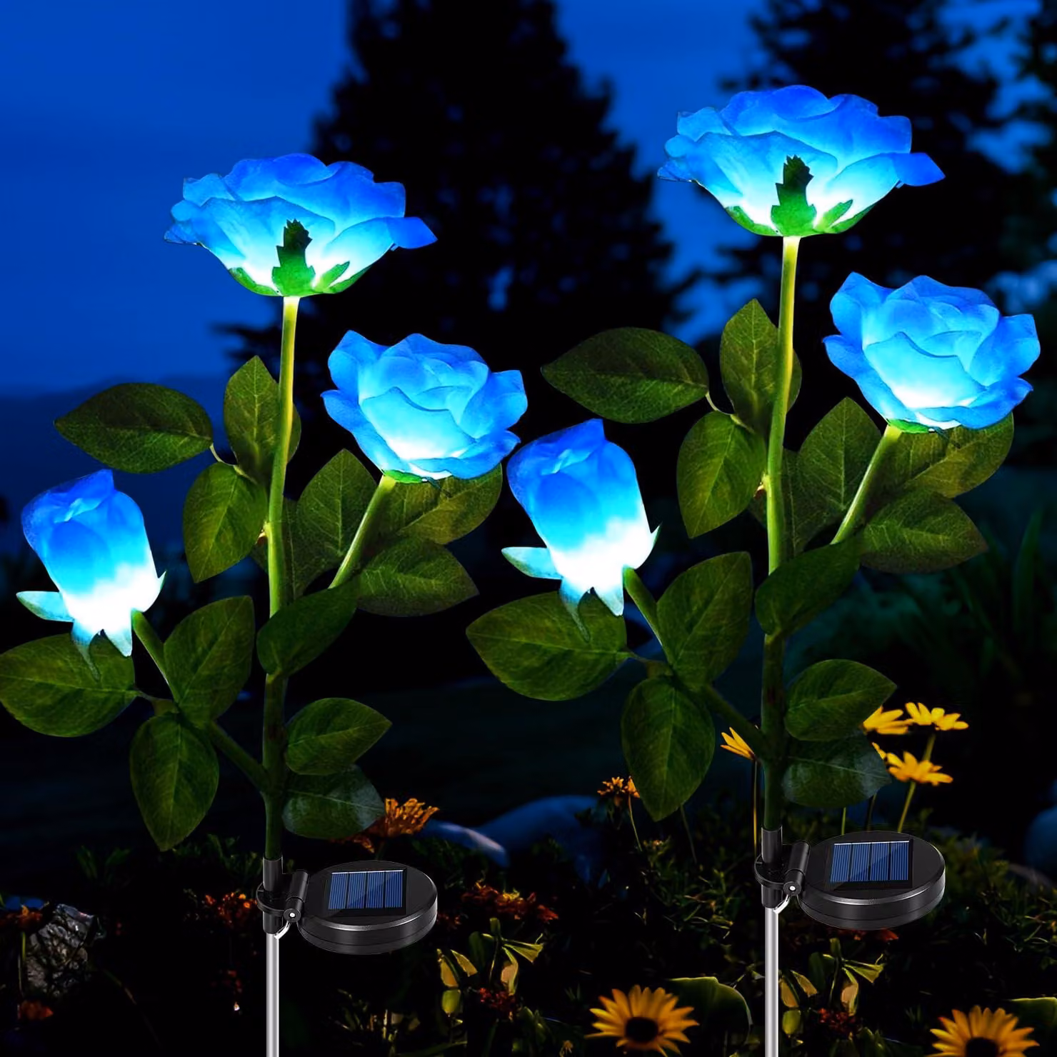 Lampade solari a forma di rosa, set da 2, grado di protezione IP65, colore blu, 5 petali, per decorazioni da esterno