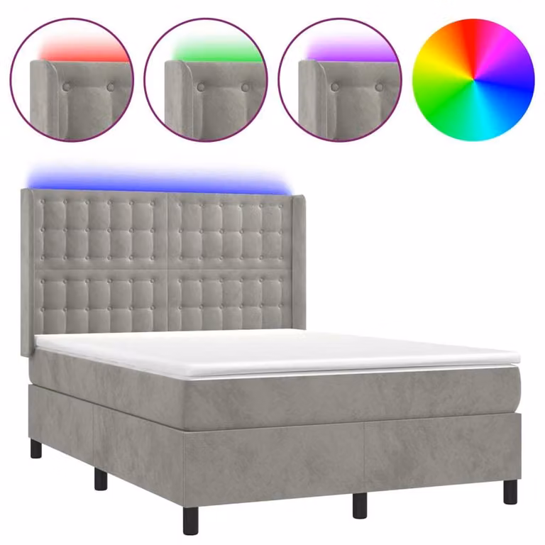 Letto a Molle Materasso e LED Grigio Chiaro 140x200 cm Velluto