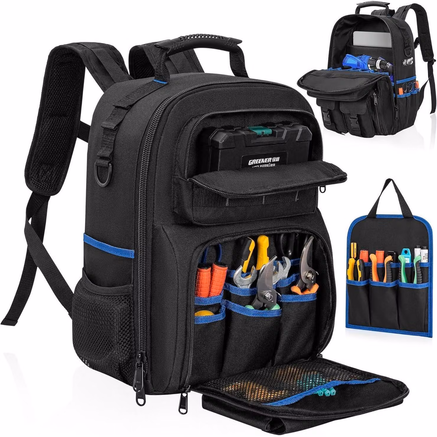 Zaino da lavoro impermeabile con organizer, spallacci imbottiti, dimensioni L28 x P23 x H41 cm, colore nero/blu
