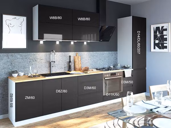 Blocco cucina FLORENCE 272cm bianco fronte ardesia grigio semi opaco estensione parziale