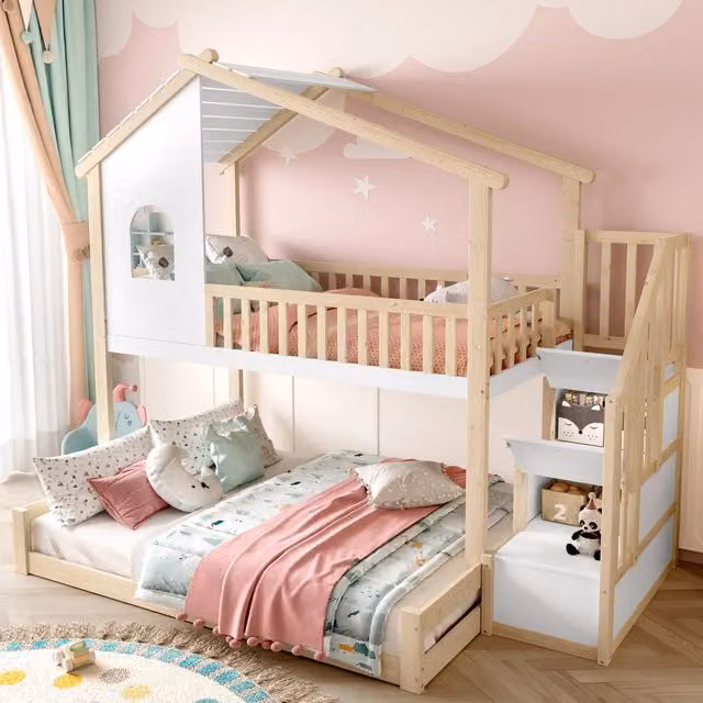 Letto a castello 3 posti 90 × 200 cm e 140 × 200 cm, scala con ripiani e barriere, senza materassi, pino naturale bianco