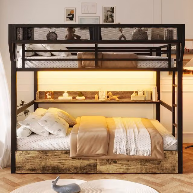 Letto a castello MIVRAY nero con cassetti in metallo e illuminazione LED sottostante L/P: 140 x 200 cm