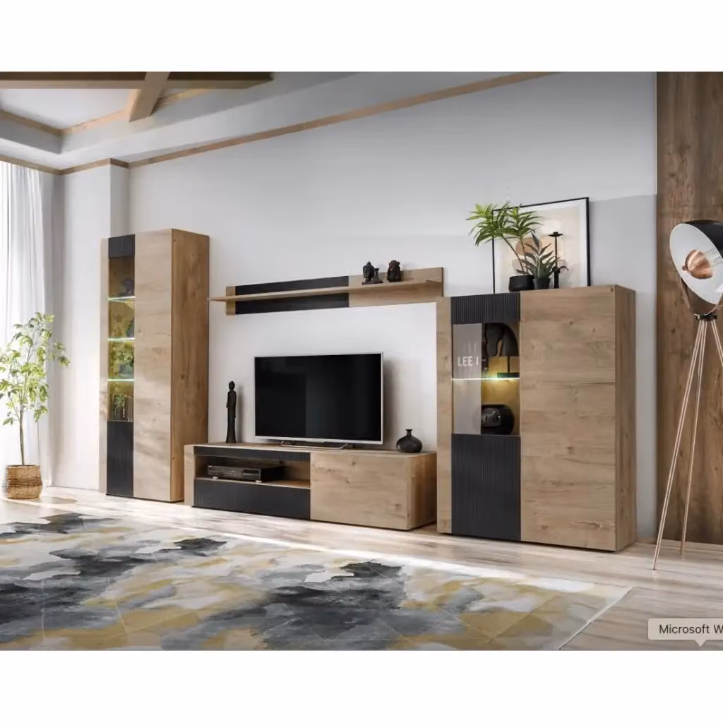 Set da salotto DOUM Meublorama in stile industrial con rovere e nero, L320 x H192 x P45 cm – 2