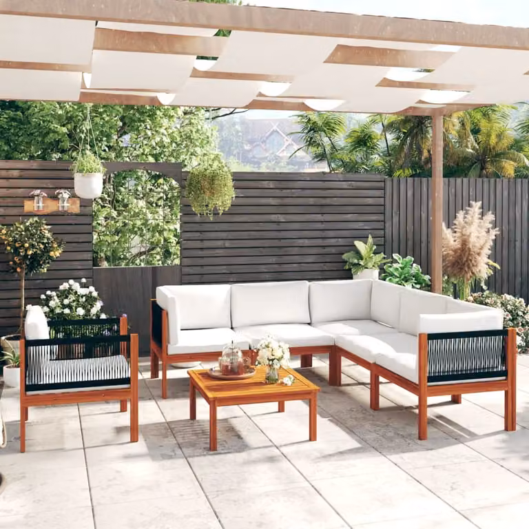 The Living Store Set da giardino 7 pezzi con cuscini in legno massiccio di acacia bianco crema