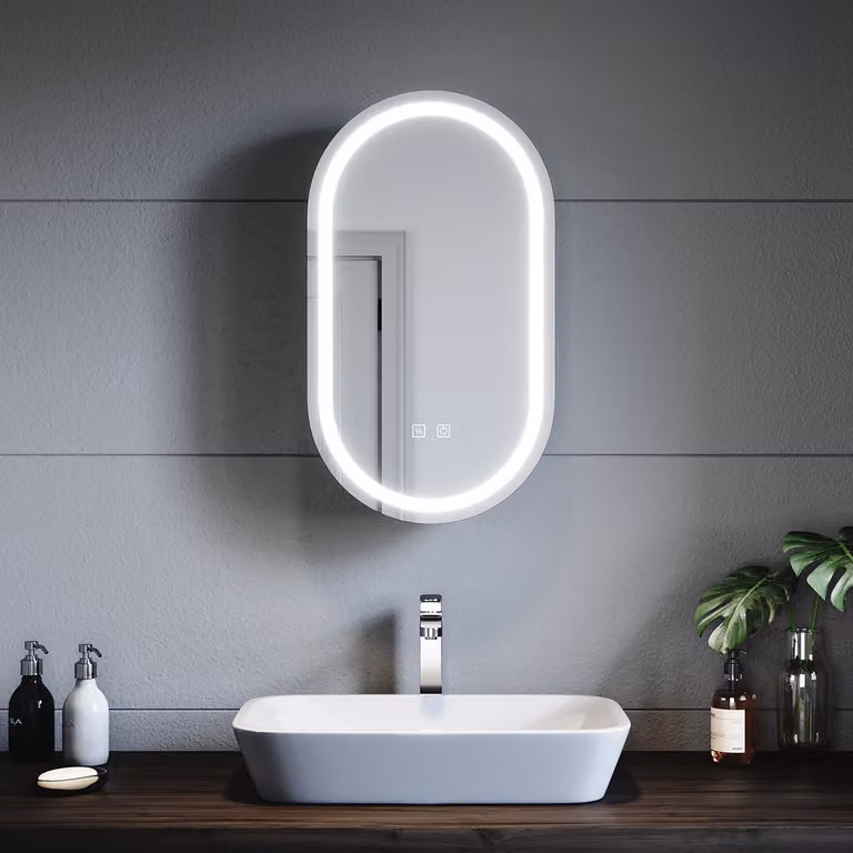SONNI 40x70x14cm Specchio ovale da parete per bagno con due interruttori a sfioramento luminosità regolabile Tre temperature di colore con funzione antiappannamento