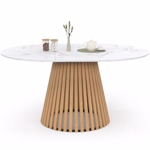 IDMarket - Tavolo da Pranzo Allungabile Rotondo Carmen 4-8 Persone, Piedi in Legno di Larice e Piano in Marmo Bianco Alaska 110-150 cm
