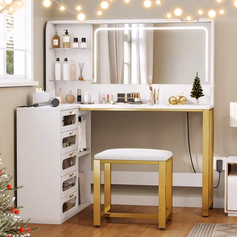 UnboxG tavolo da toilette con illuminazione a LED, grande specchio, cassetti e ripiani, tavolo da toilette con sgabello imbottito, tavolo cosmetico per camera da letto, bianco+oro