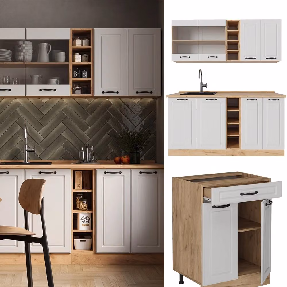 Cucina completa R-Line Vicco in stile country house, Bianco rustico e Rovere dorato, L: 160 cm – 2