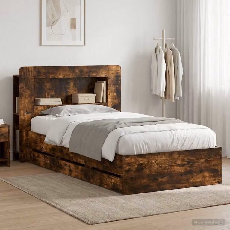 Struttura del letto con contenitore e testata vidaXL in legno Rovere Fumo, L/P/H: 140 x 190 x 119,5 cm