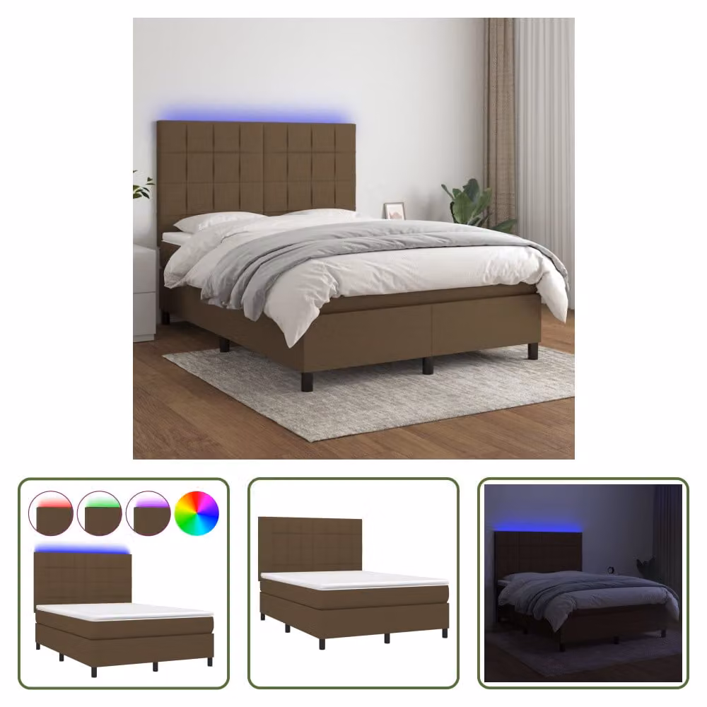 The Living Store Letto a molle con materasso e LED in tessuto marrone scuro 140x190 cm