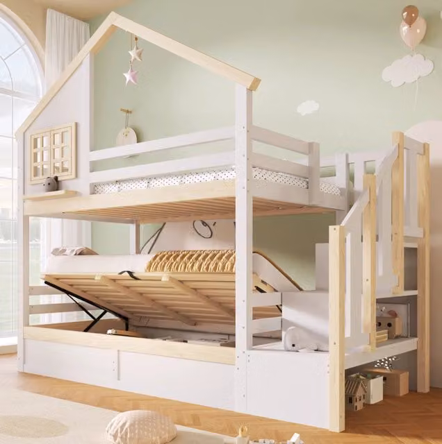 Letto a castello 90x200 cm in pino e MDF con contenitore idraulico e sponde di sicurezza, bianco e naturale