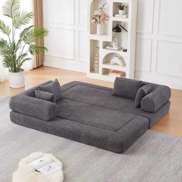 Divano letto modulare 4 in 1 con schienale regolabile in ciniglia grigio