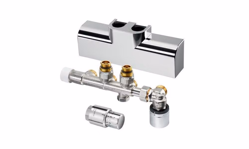 Set di collegamento per radiatori da bagno Oventrop ad angolo, per combinazione con riscaldamento a pannelli bianco 1184188