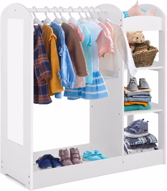 Armadio per bambini moderno bianco con specchio, appendiabiti e scaffali in legno e MDF – 1