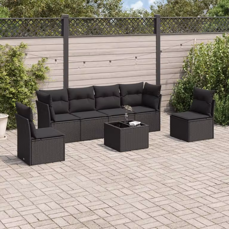 Set Divani da Giardino vidaXL in Polyrattan Nero con Cuscini e Tavolino da Caffè