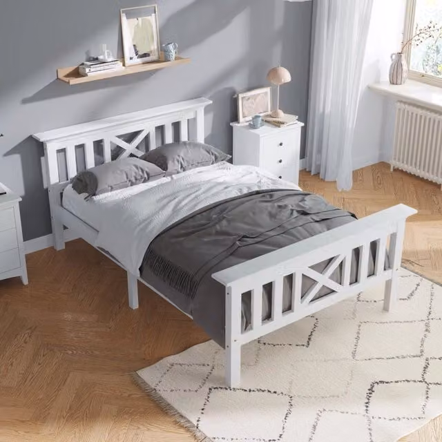 Letto singolo 90 × 200 cm con testiera a X e rete a doghe in legno bianco