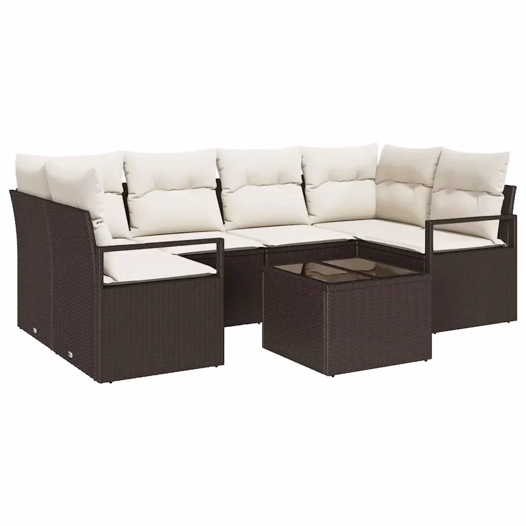 vidaXL Set Divano da Giardino a L con 7 Pezzi, Marrone e Beige, con Tavolino e Cuscini Inclusi – 2