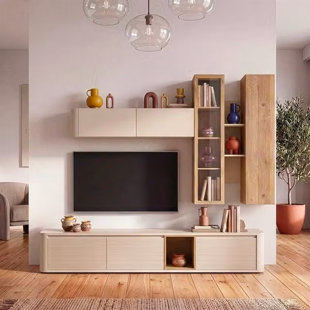 Parete attrezzata soggiorno moderna Veriaffari con lowboard, pensili e vetrine in finitura opaca nei colori marrone e beige