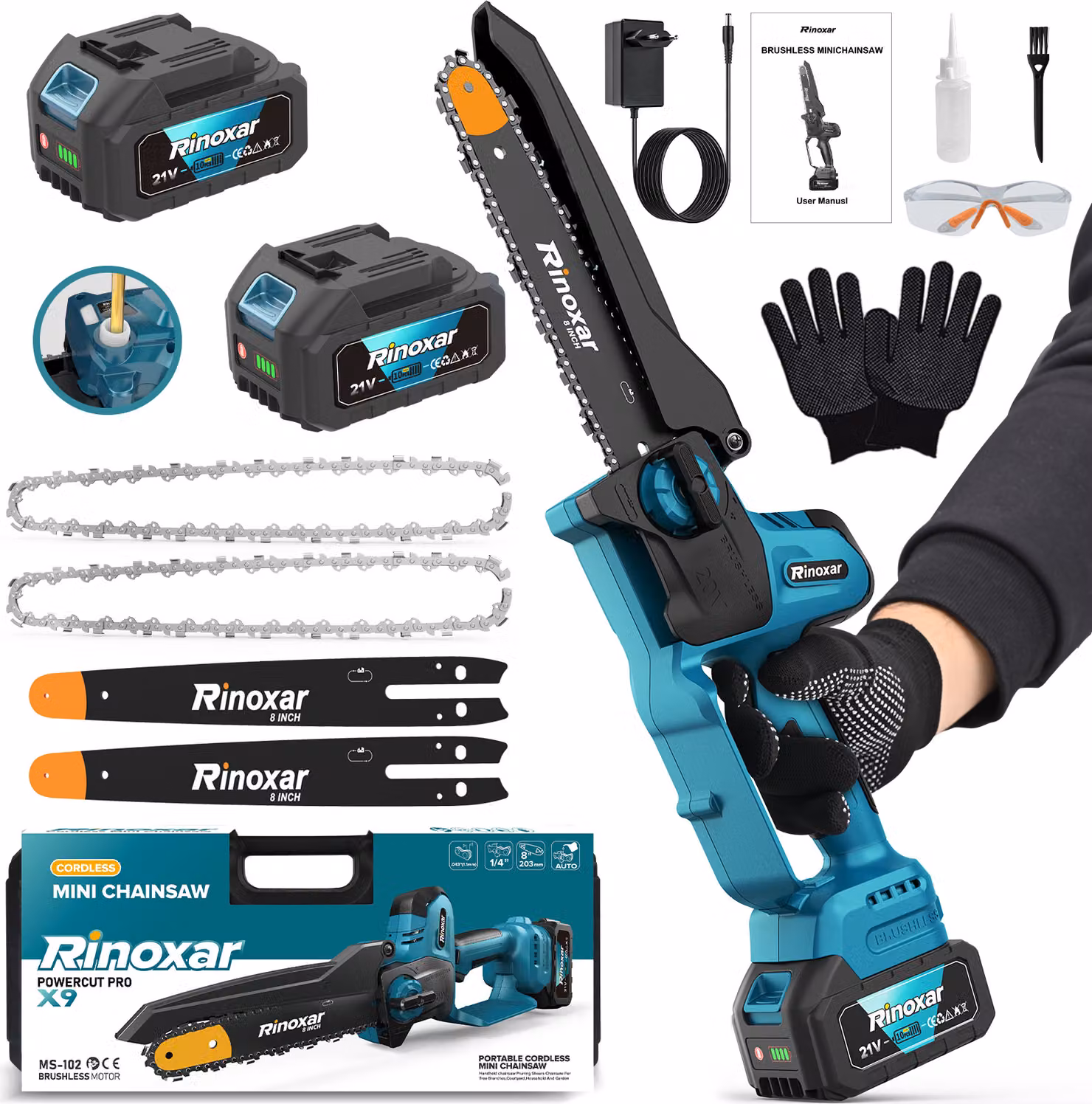 Motosega mini senza fili 8 pollici 1300W - Motore brushless - Pompa olio auto - Batteria 20V/8000mAh - Giardinaggio/fai da te