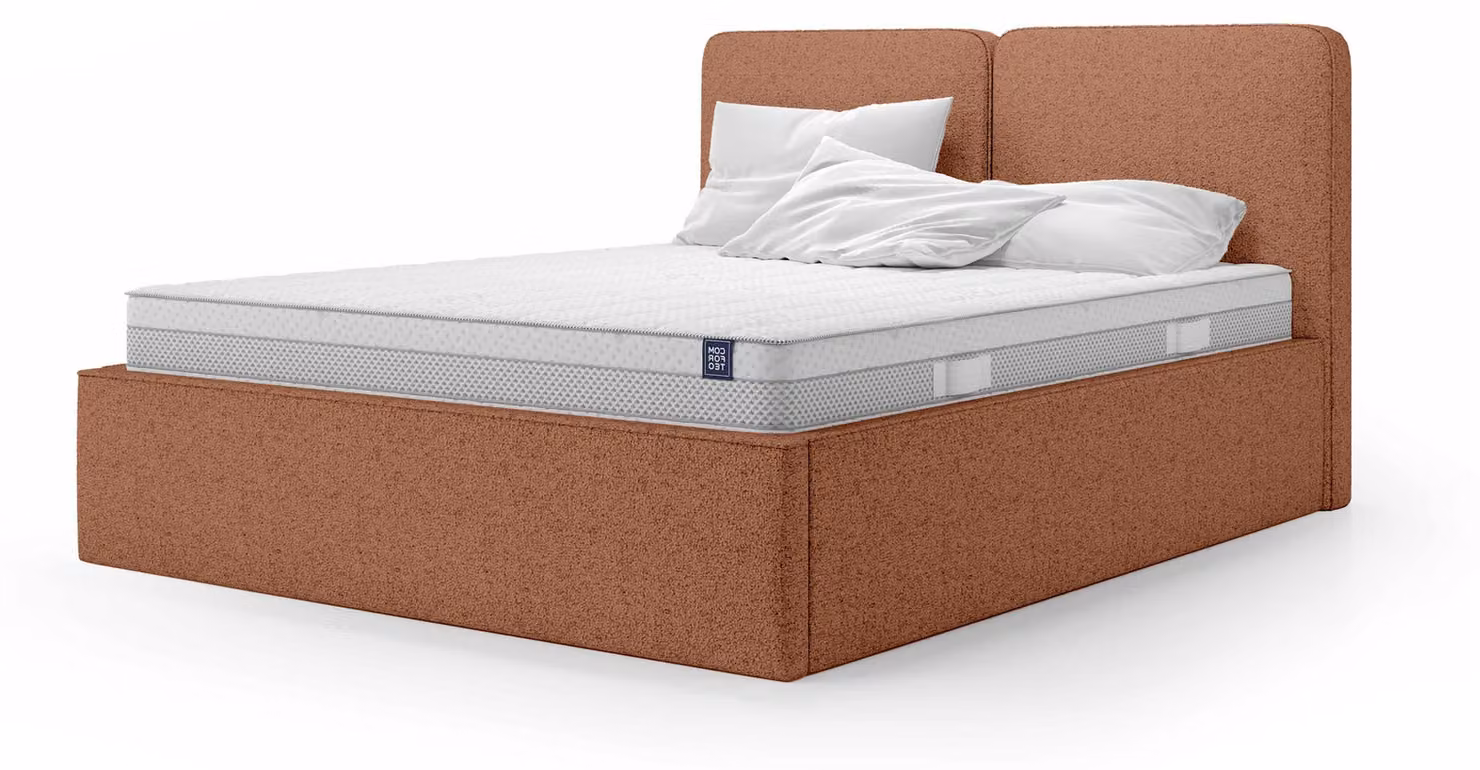 Letto imbottito con contenitore, rivestito in tessuto effetto pelle color moka, finitura color cannella, dimensioni 160 x 200 cm
